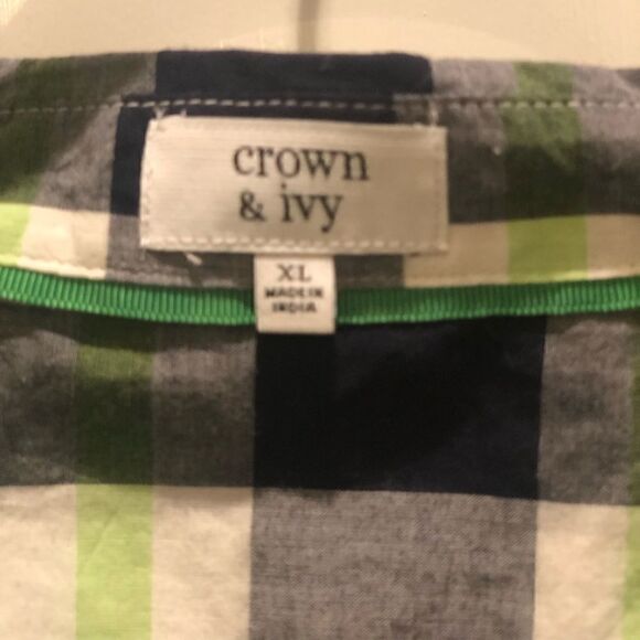 Crown & Ivy Women's XL Blue,Green,White Plaid Button Collared Long Sleeve Blouse - Picture 2 of 3